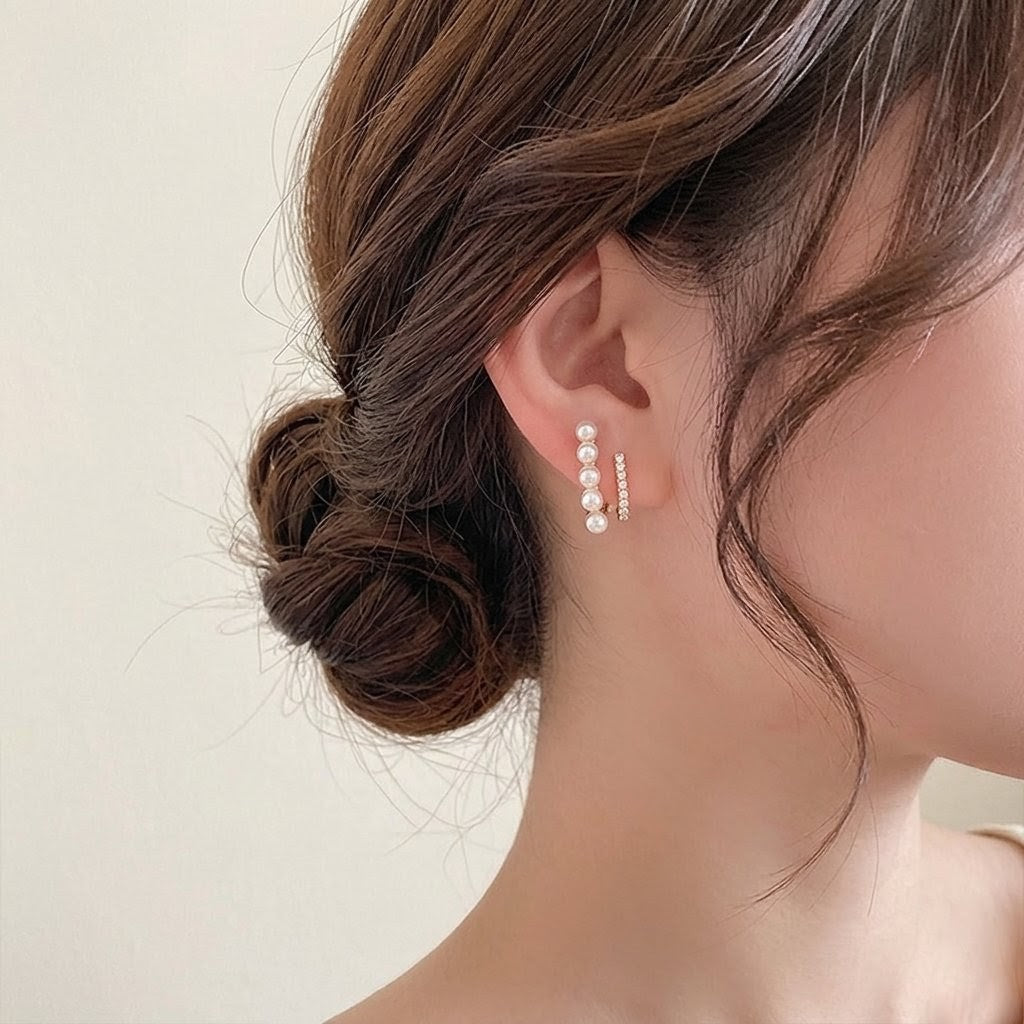 パールピアス ラインピアス 金属アレルギー対応 ダブルライン ゴールド 上品 結婚式  【SECRET GLOW.】