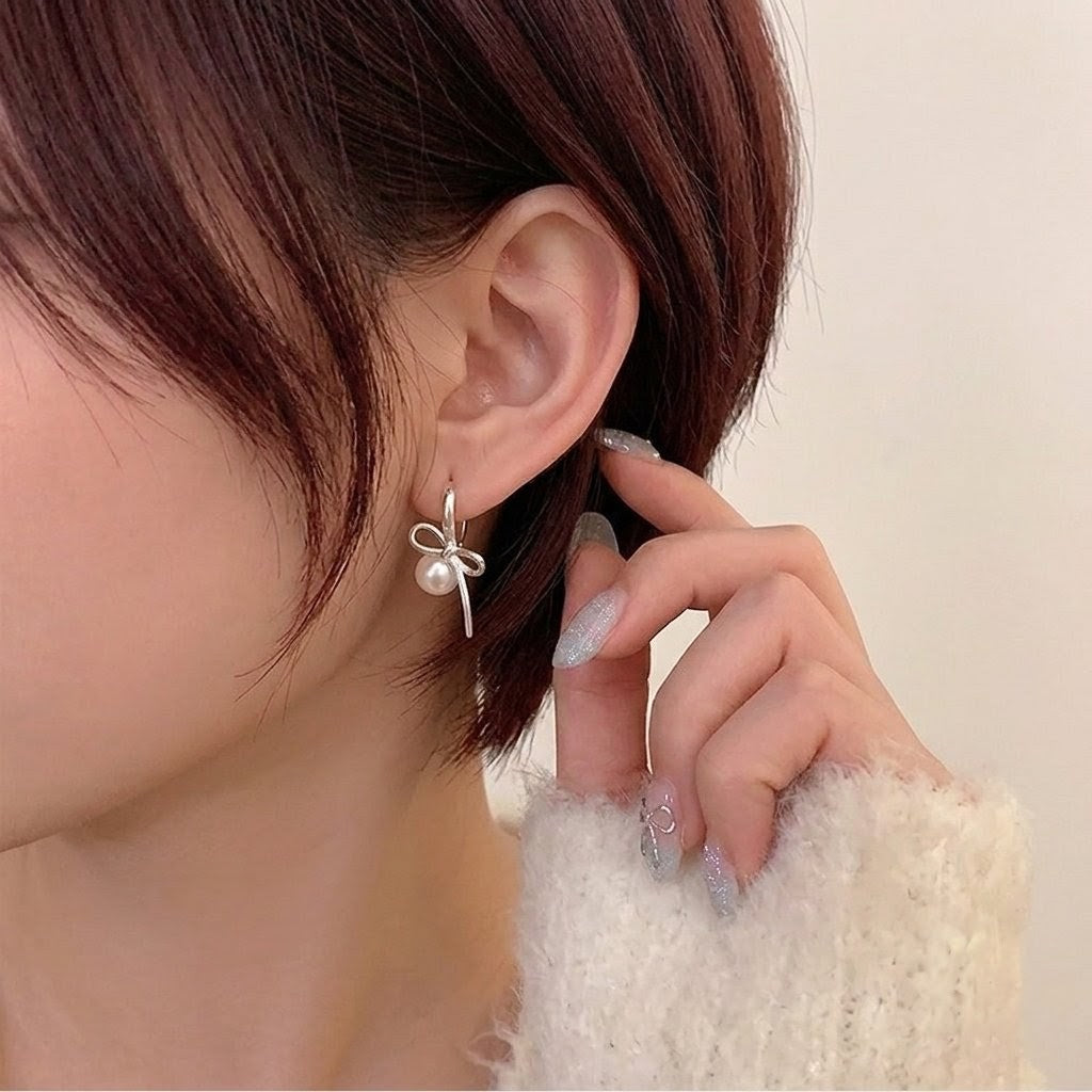リボンパール ピアス  ドロップピアス アレルギー対応 揺れる シルバー925【SECRET GLOW.】