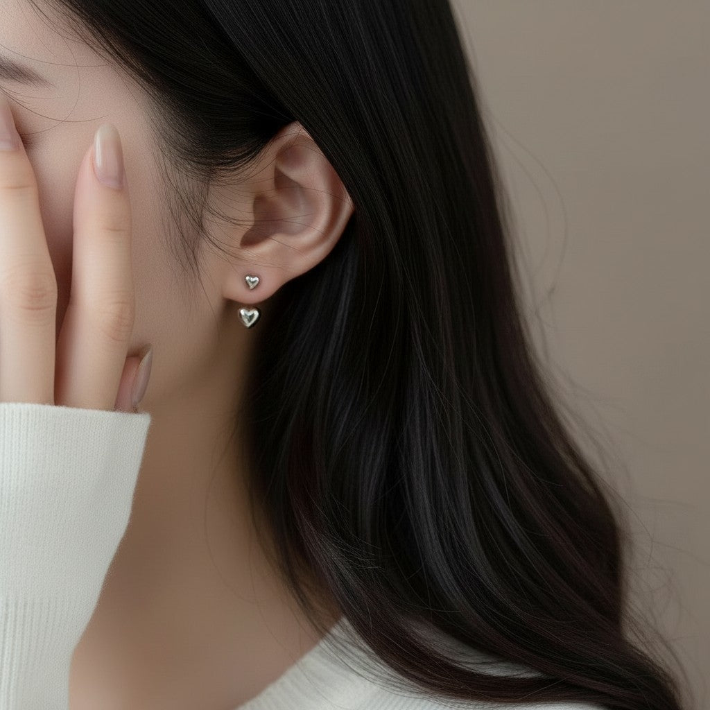 ハートピアス 大人可愛い 上品 金属アレルギー対応  3way ぷっくり 小ぶり シルバー【SECRET GLOW.】