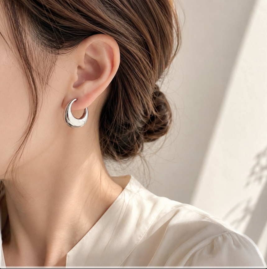 ぷっくり フープピアス  アレルギー対応 シルバー925 チャンキーフープ ドロップピアス ゴールド【SECRET GLOW.】